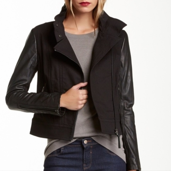 Mackage Andra Moto Jacket in Black Denim with Lamb Leather Sleeves Small - Picture 1 of 12